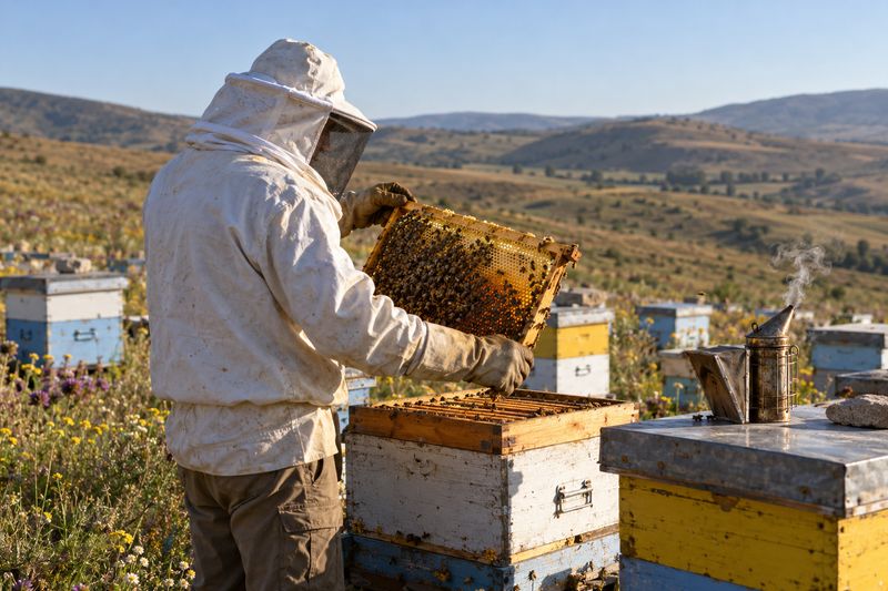 Beyaz tulumu ve maskesiyle kovandan arılarla kaplı bir çerçeve çıkaran arıcı